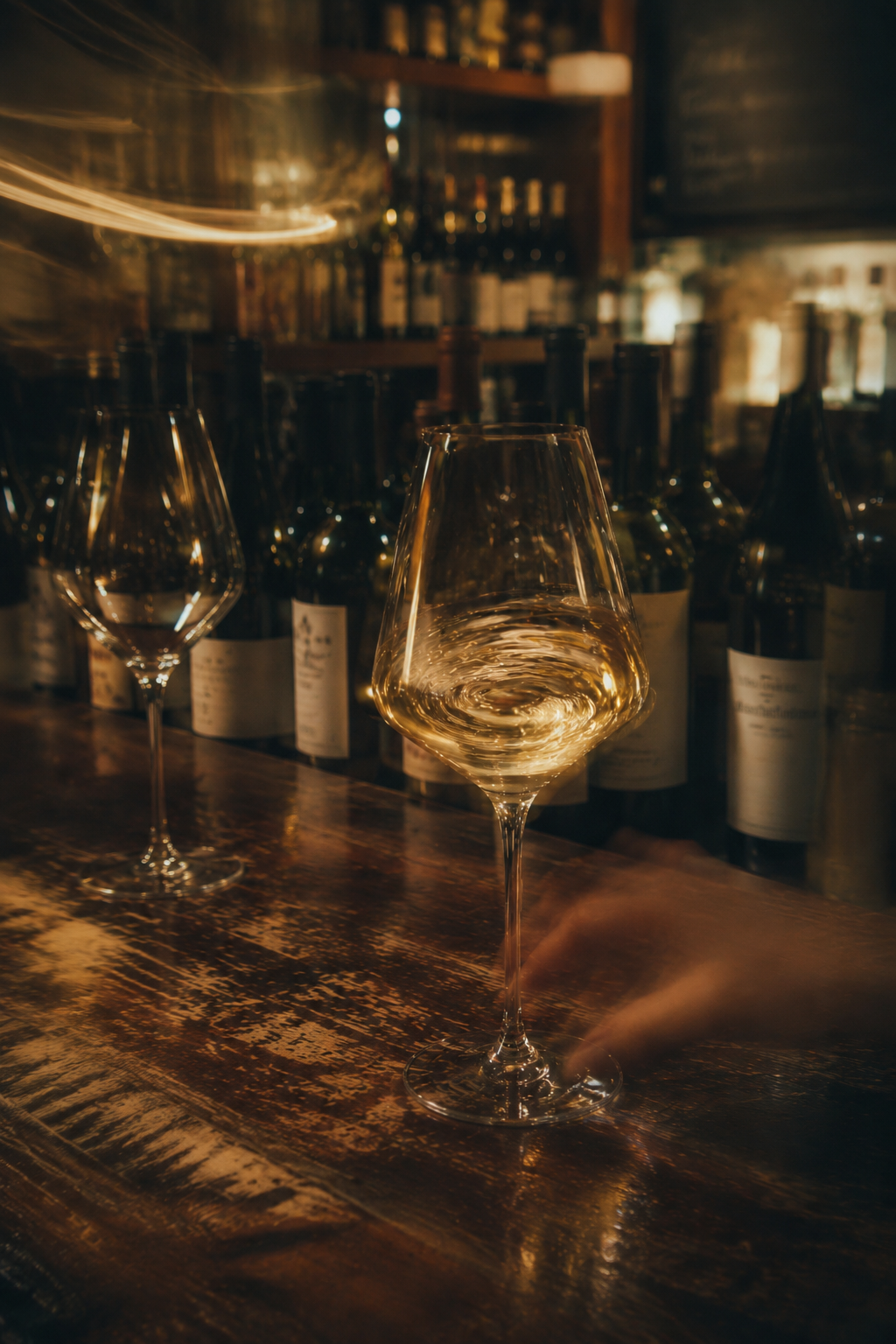 Verre de vin blanc doré tourbillonnant sur un bar en bois sombre